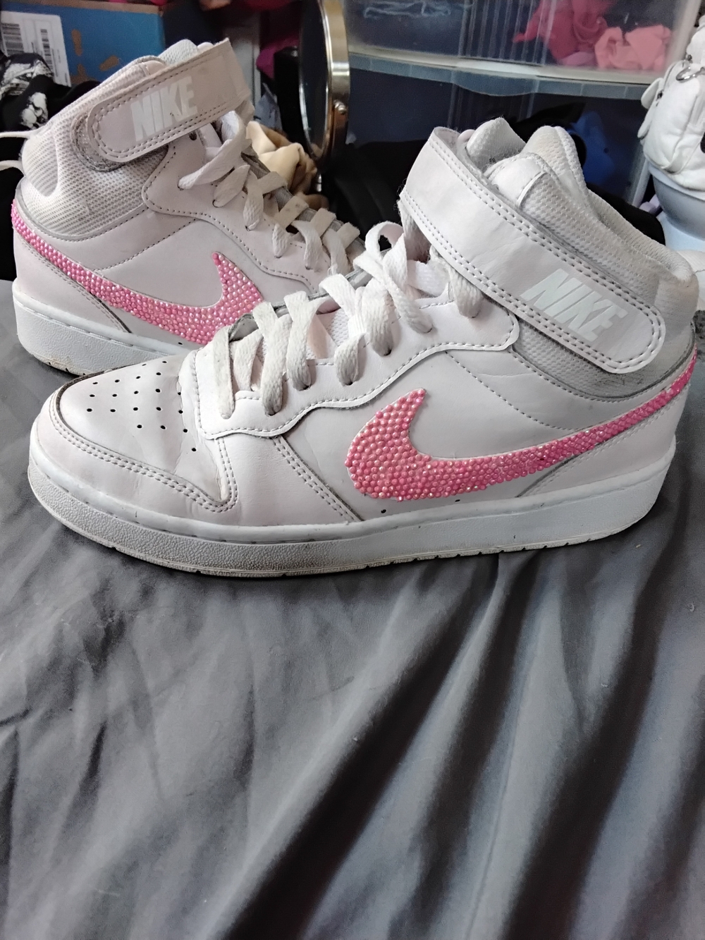 Nike White High-Top Sneakers with Pink Crystal Swoosh